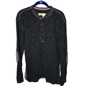 32 Bar Blues Henley Shirt Men's M Charcoal Gray Elbow Patch Distressed Cotton